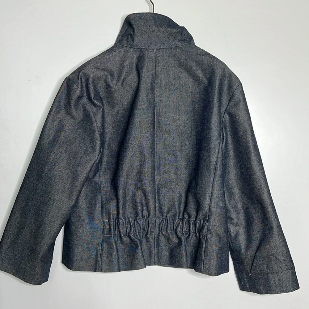 Chanel Sz 42 Denim Cotton Beaded Patch Pocket Elastic Back Logo Button Jacket